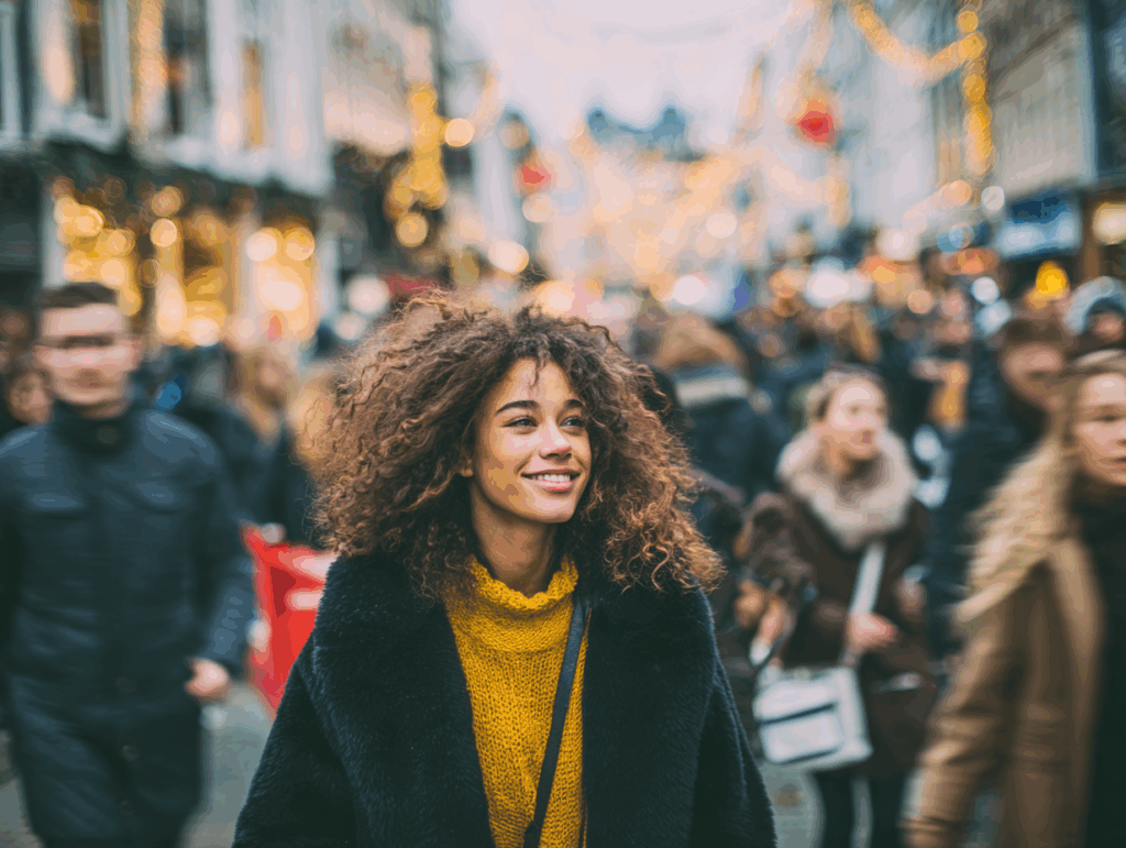 young woman looking positive in a busy street
