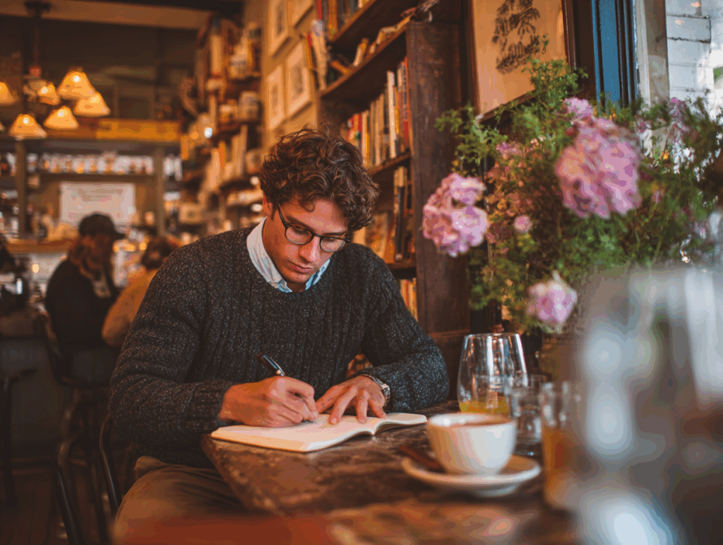 man planning his day in his planner at a cozy cafe