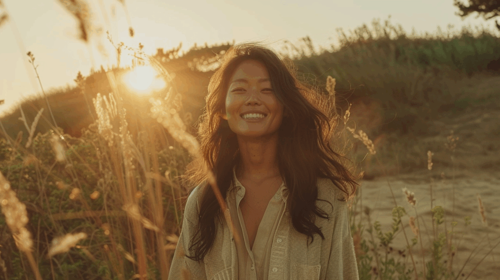 woman looking happy in sunlight