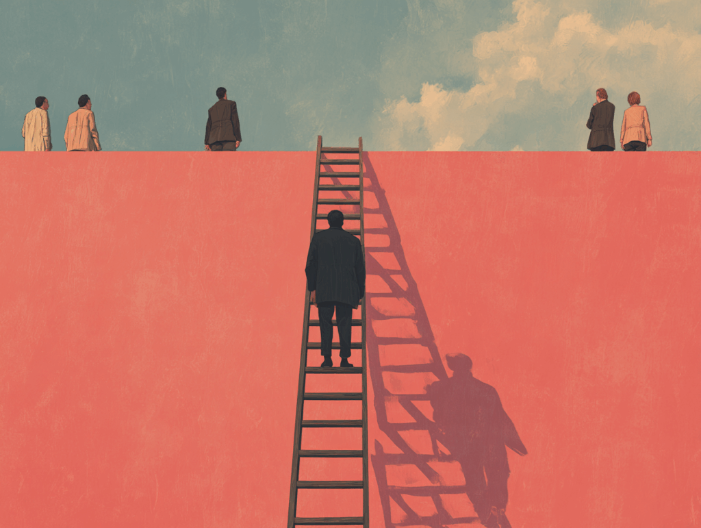 man looking up at the ladder