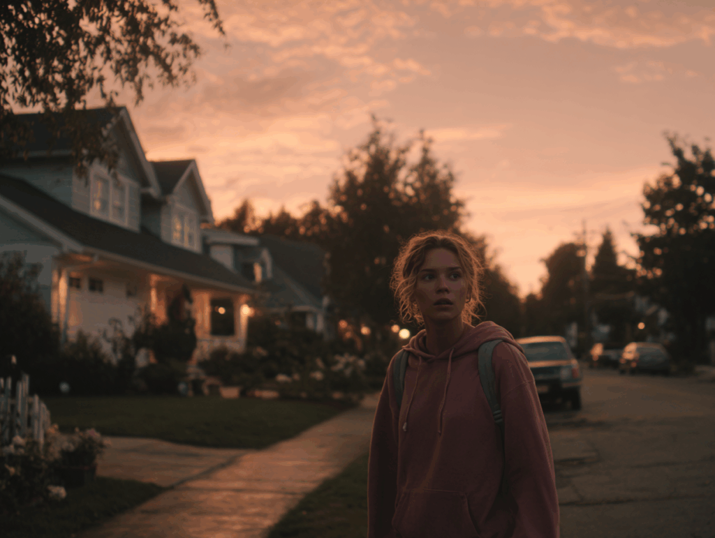 a person looking around at dusk with face of fear