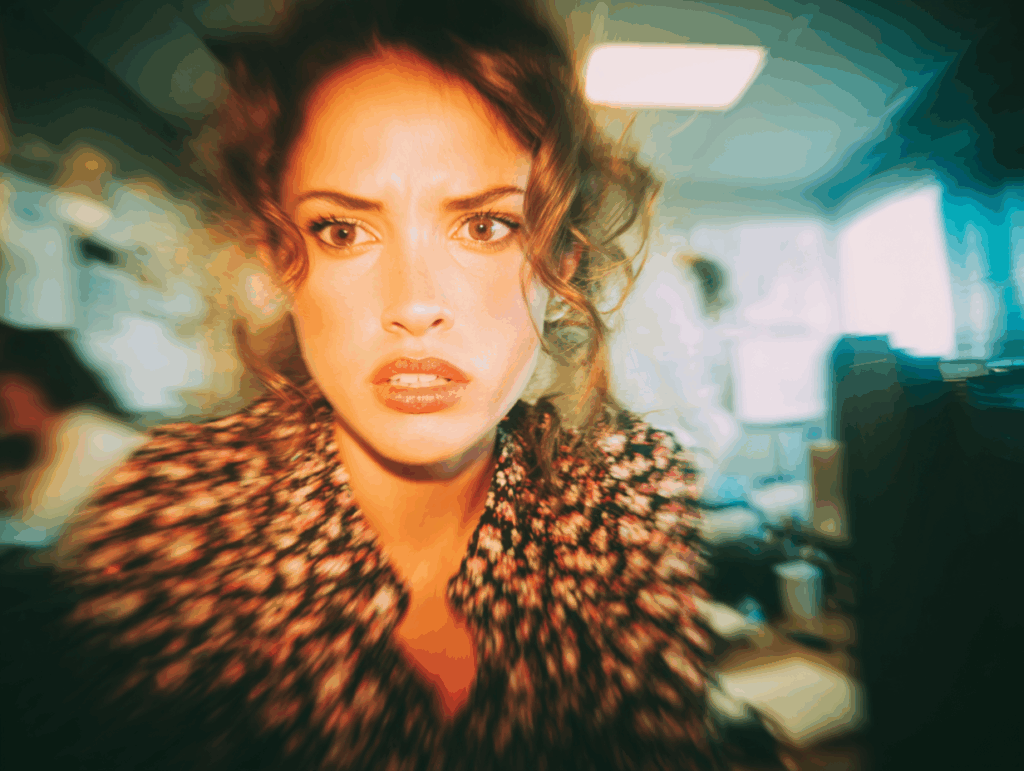 woman looking at monitor with fear