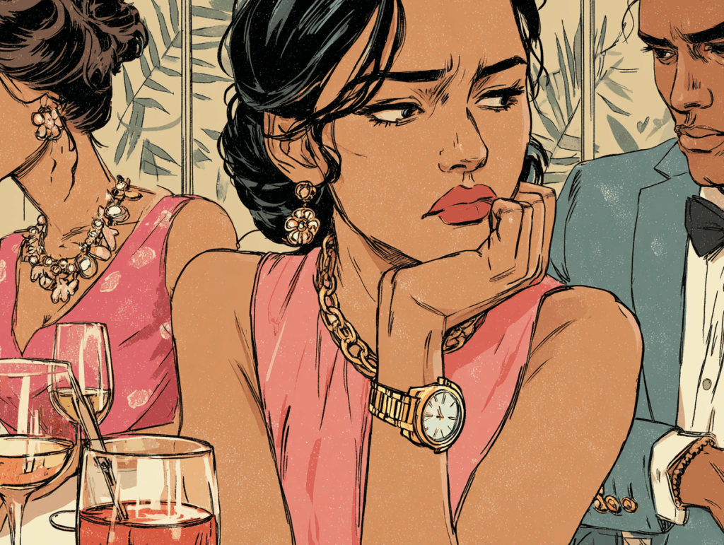 illustration of a woman dressed nicely looking unhappy