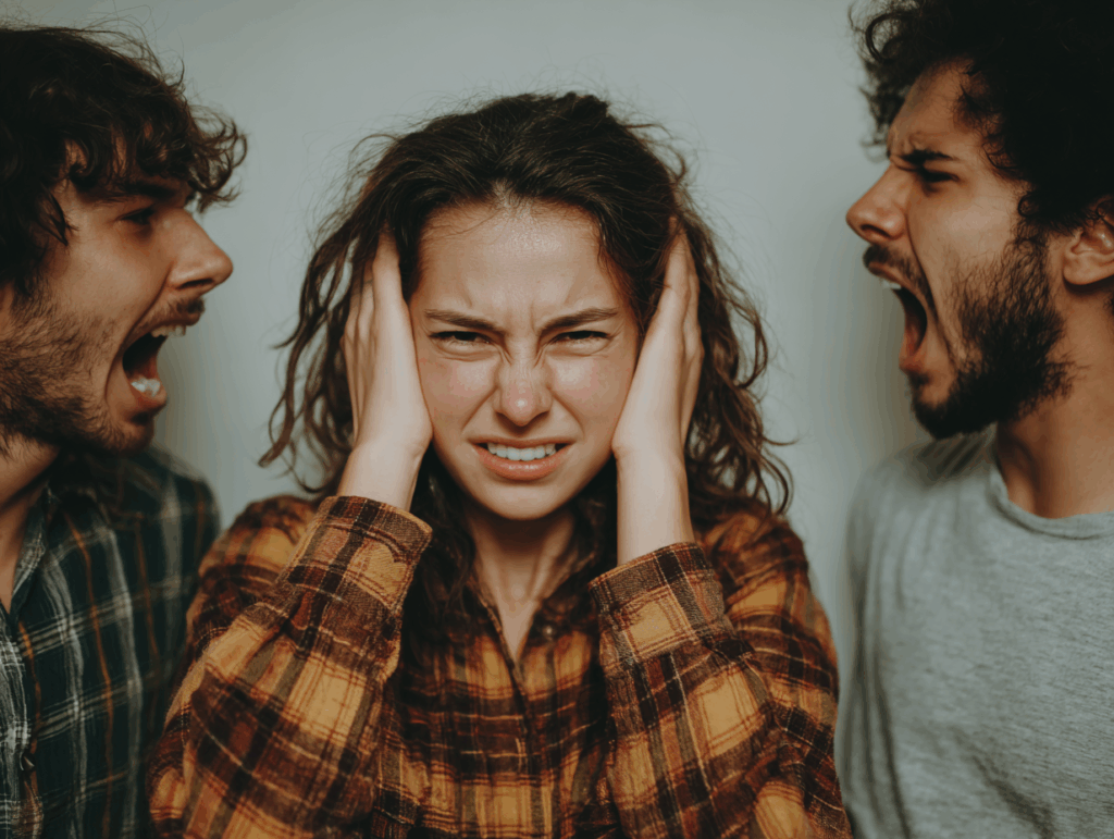 people screaming at a person in the middle