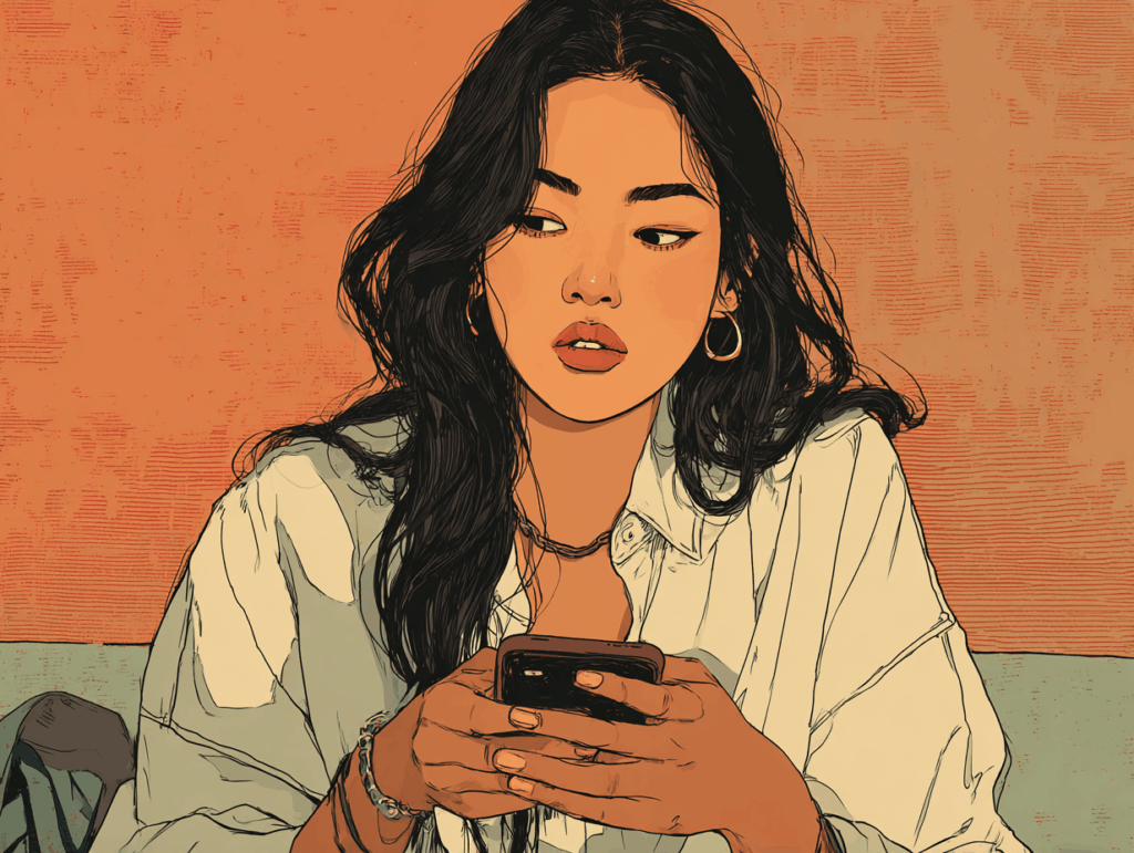 woman waiting for a text message, holding her phone