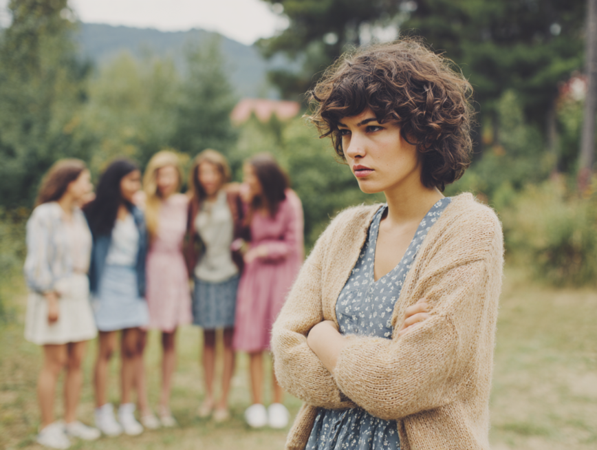 woman being left out of a group of girlfriends