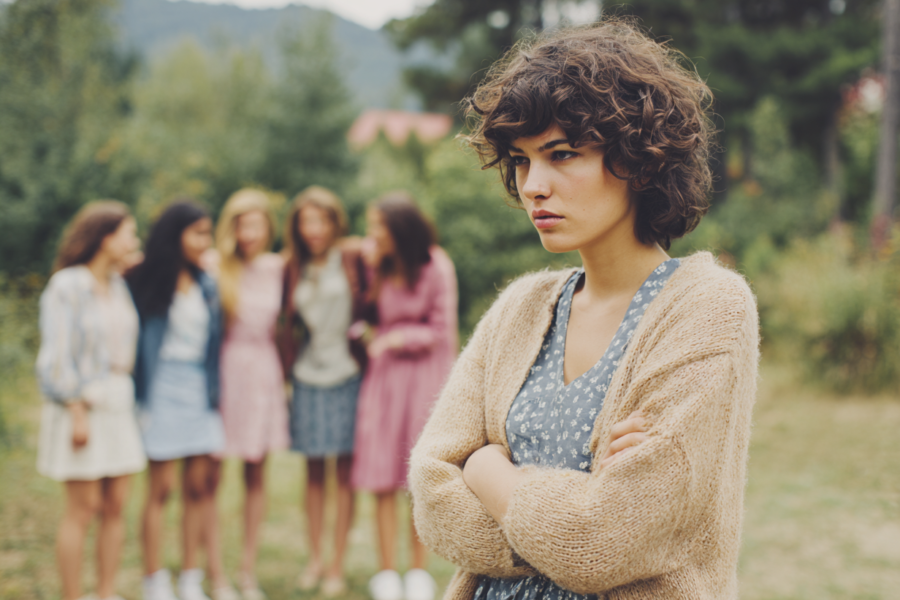 woman being left out of a group of girlfriends